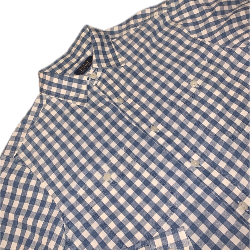 Polo Ralph Lauren Blue White Plaid Check Gingham Chest Pocket Rustic Shirt M - Picture 2 of 8